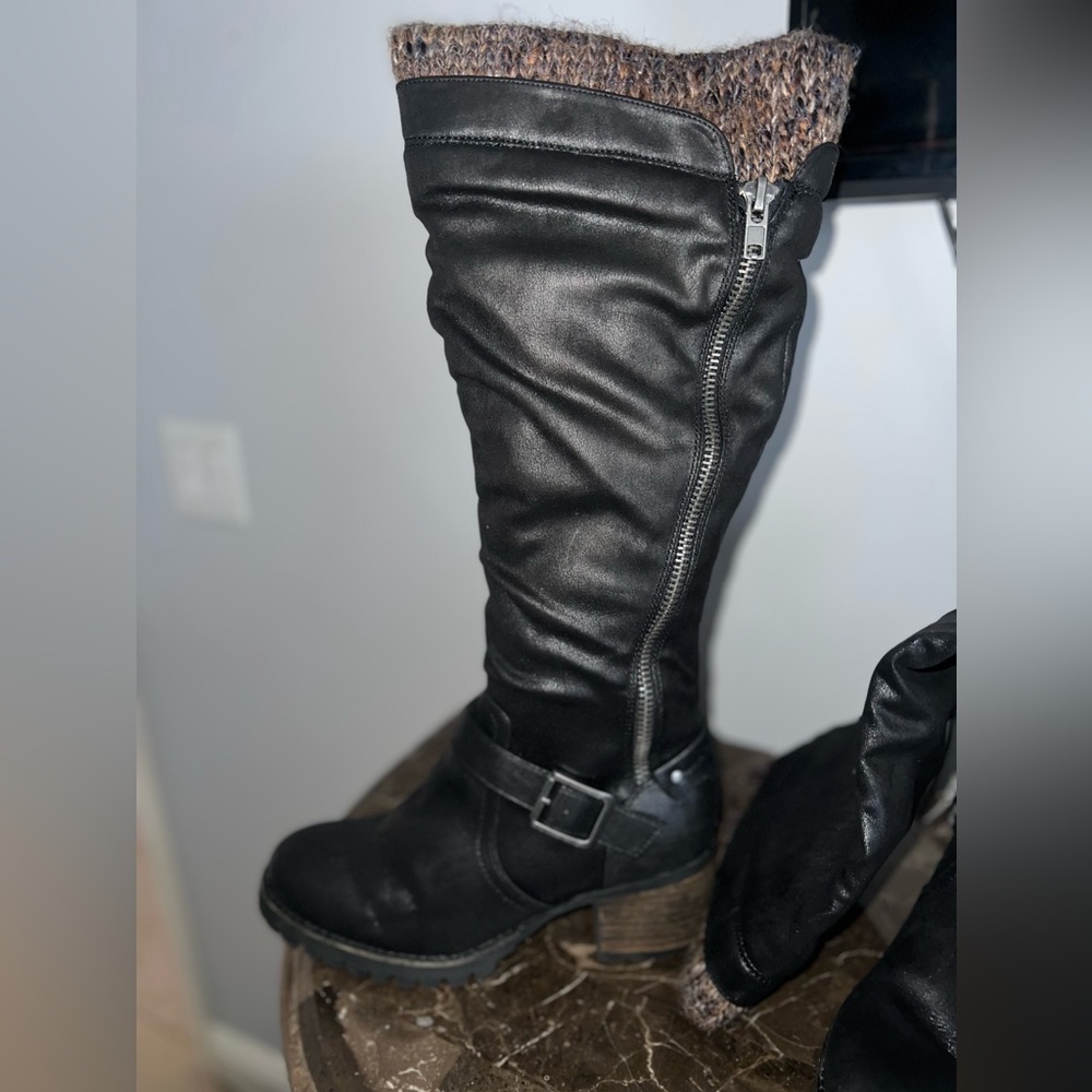Crown Vintage Black Boots, Suede Knee High Biker Boots. - Picture 4 of 7
